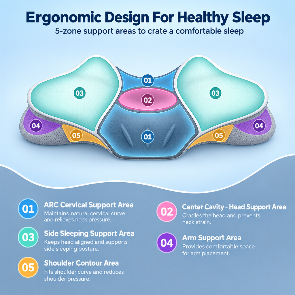 Ergonomic Cervical Neck Pillow for Pain Relief - Contour Memory Foam Support for Side, Back & Stomach Sleepers - Perfect for Home, Office & Travel