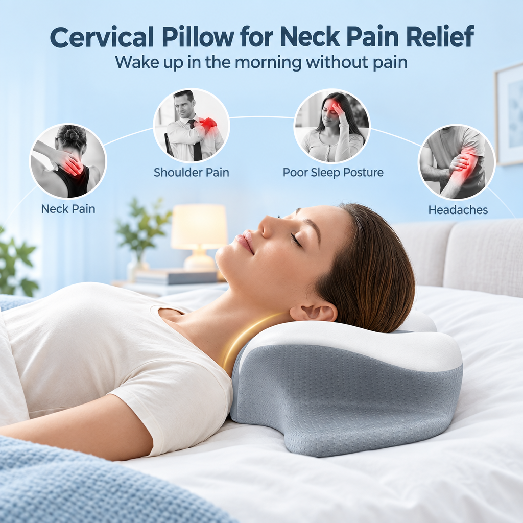 Ergonomic Cervical Neck Pillow for Pain Relief - Contour Memory Foam Support for Side, Back & Stomach Sleepers - Perfect for Home, Office & Travel